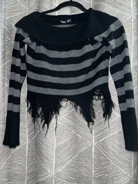 SHEIN Black and Gray Striped Off-Shoulder Distressed Hem Sweater